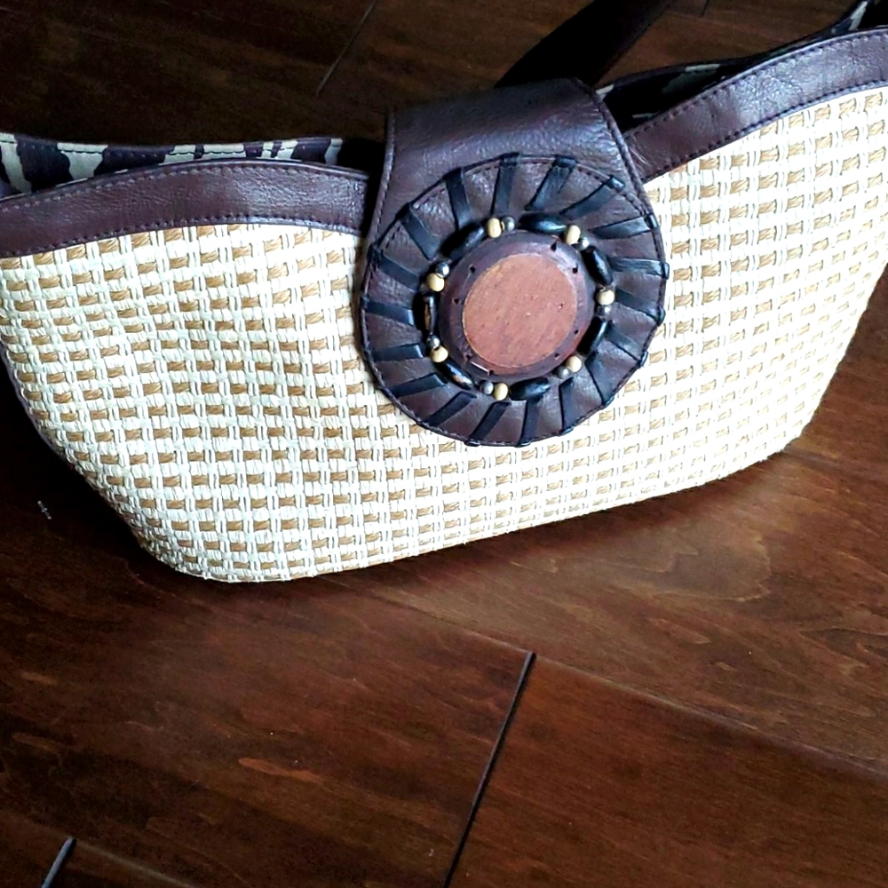 Kate Landry Straw & Leather Shoulder Bag